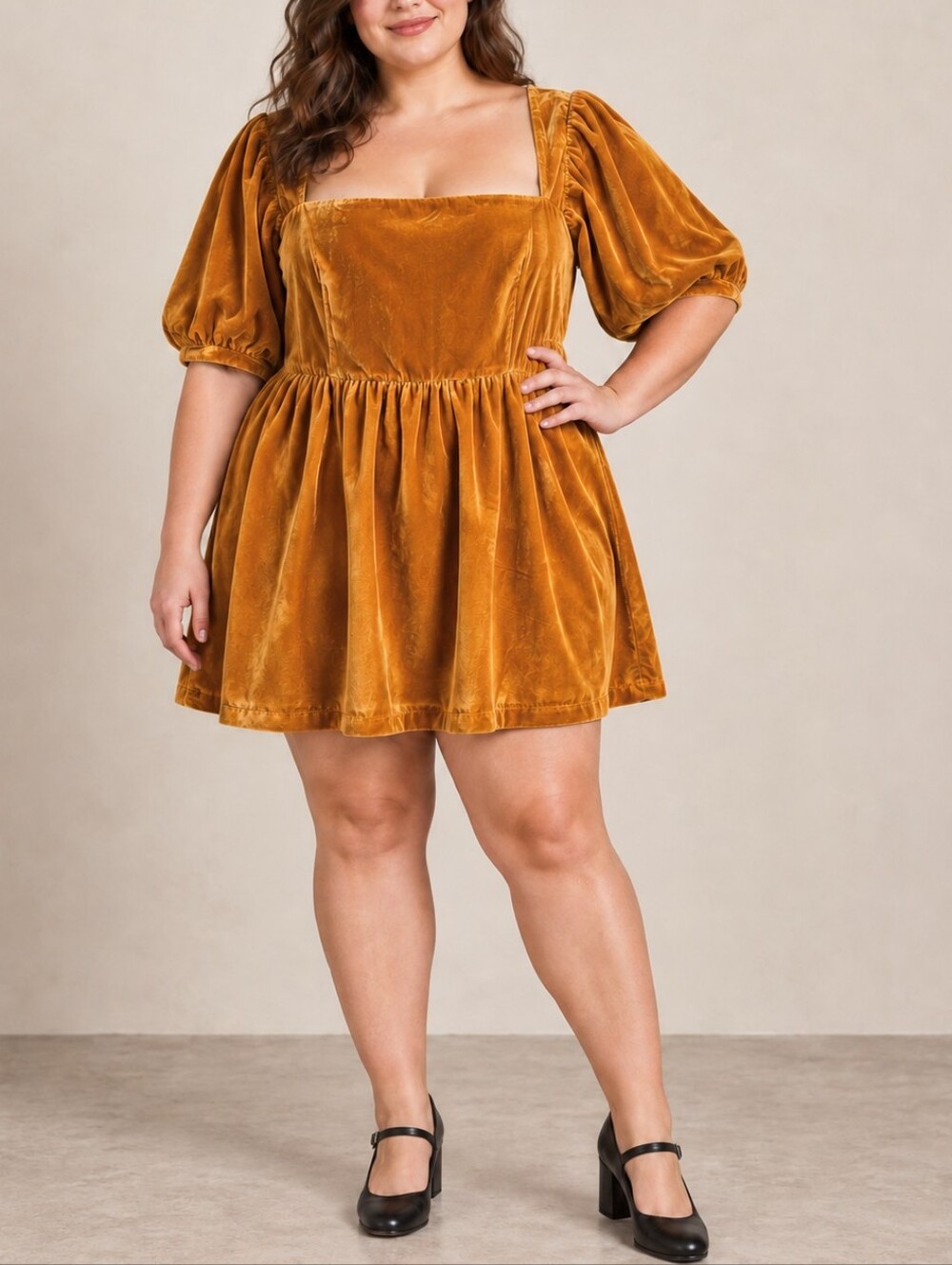 ModCloth Gold Velvet Babydoll Dress Square Neck Puff Sleeve 16 Retro Cocktail
